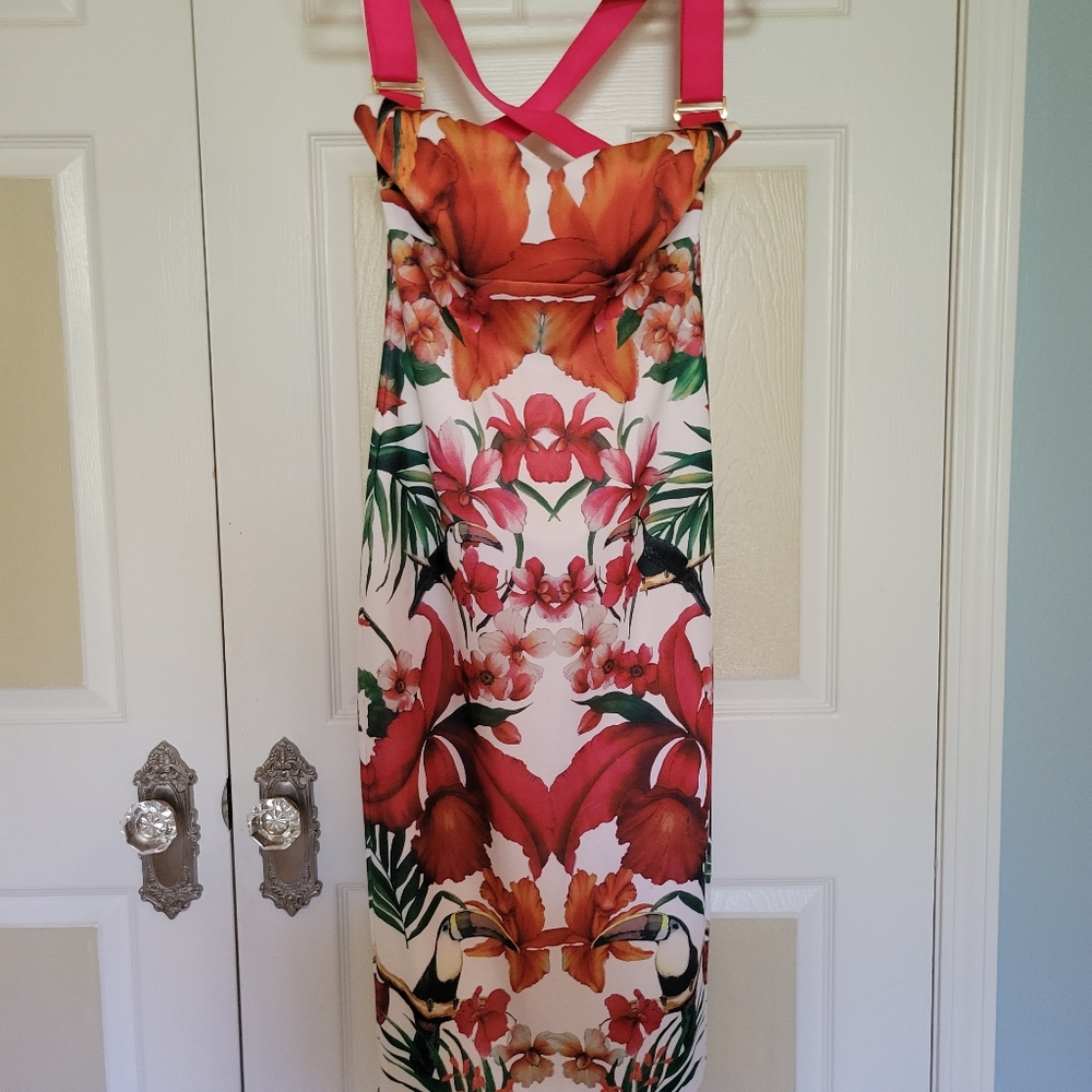 Ted Baker floral dress with pink seat belt straps..